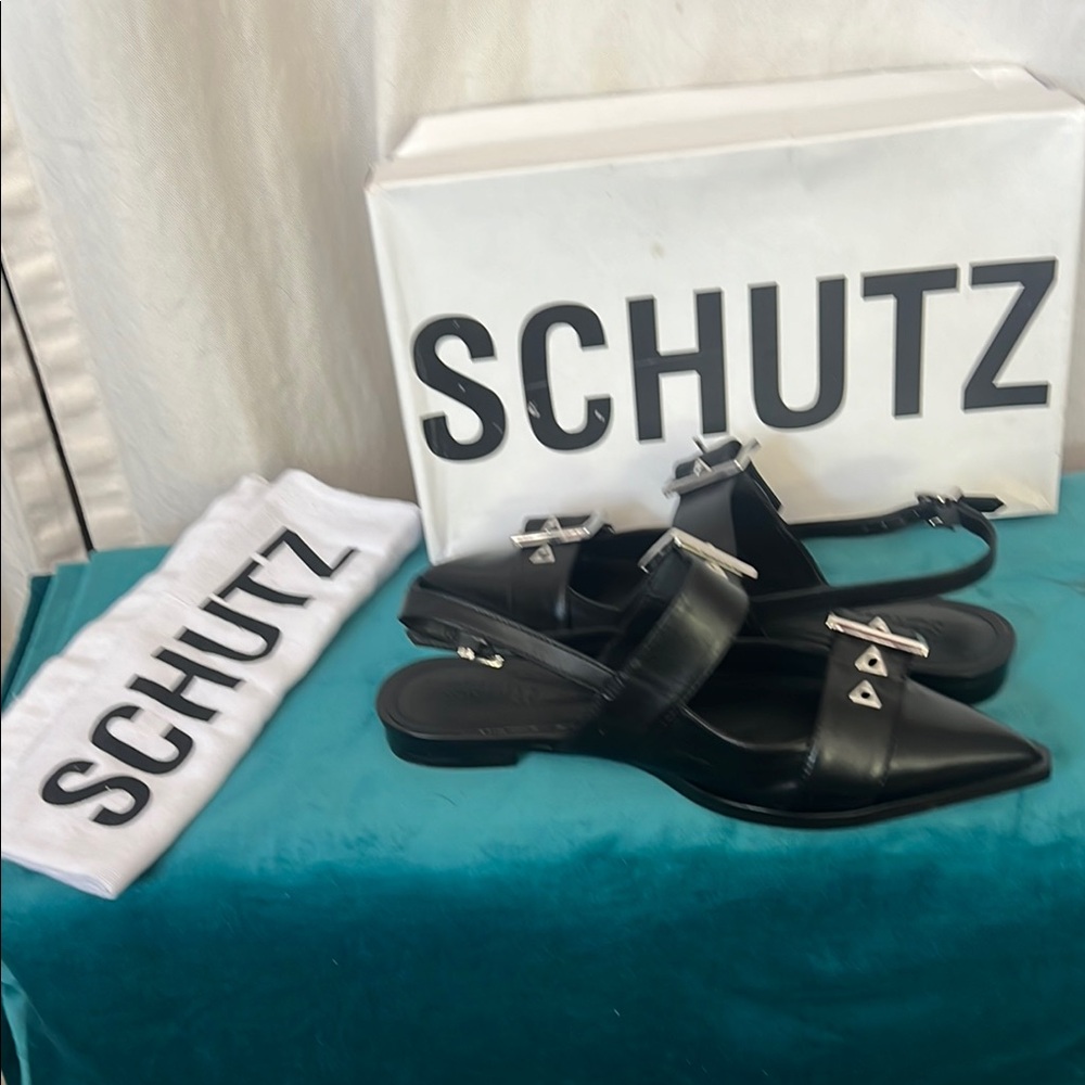 SCHUTZ  Black  Darla Sling leather Flats NWT 8 bag & Box buckles pointed toe